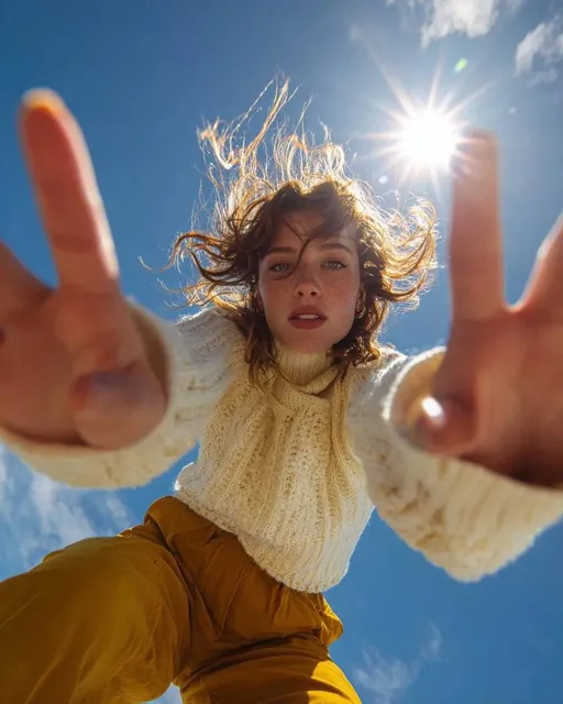 Ultra wide-angle low-angle portrait shot from ground perspective, young woman leaning over camera, hands reaching toward