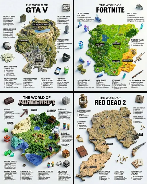 A hyper-realistic 3D game guide infographic poster for [GAME]. The in-game world of [GAME] is rendered as a raised, text