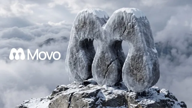 A hyper-realistic 3D render of a flat logo sculpted as a massive, frosted stone monument standing upright on the jagged