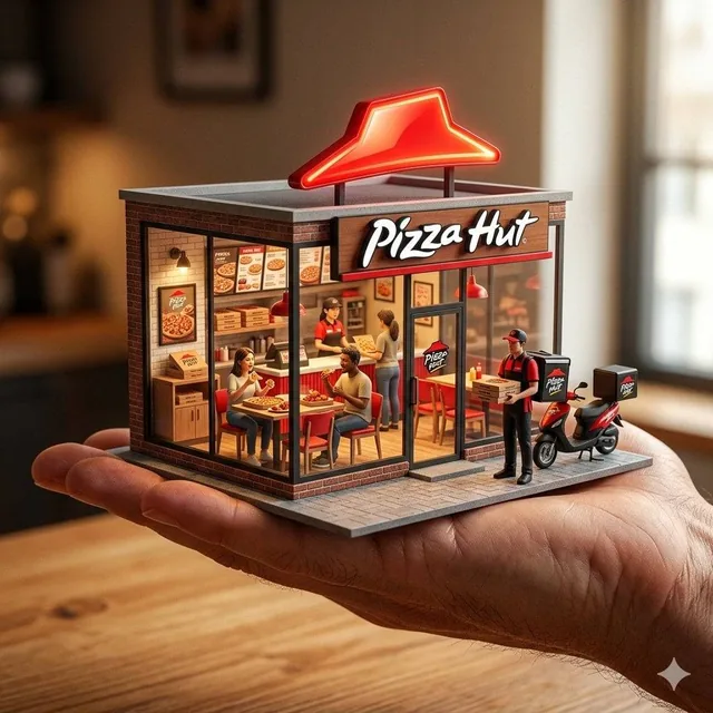 An ultra-realistic miniature [YOUR BRAND] showroom balanced on a human palm, designed with transparent glass walls. Insi
