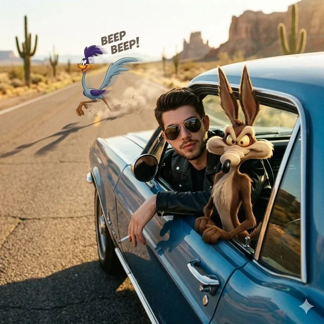 A stylish young man wearing a black leather jacket and aviator sunglasses leans out of the window of a vintage blue car