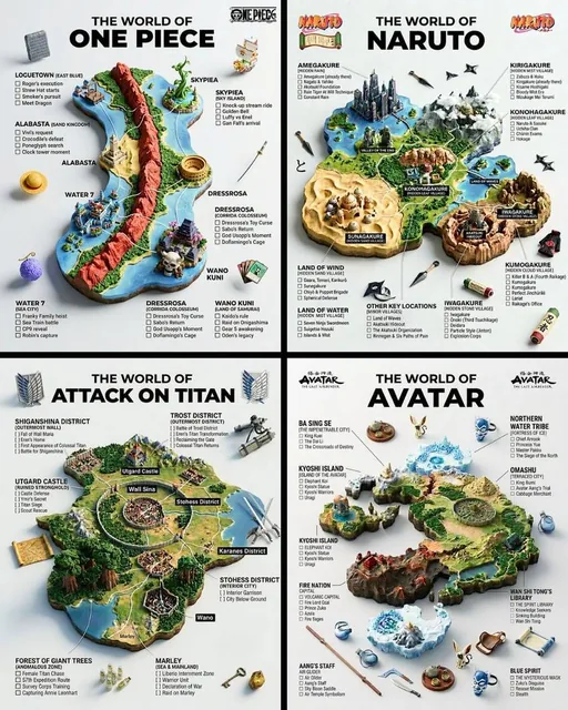 A hyper-realistic 3D world guide infographic poster for [SHOW]. The fictional world of [SHOW] is rendered as a raised, t