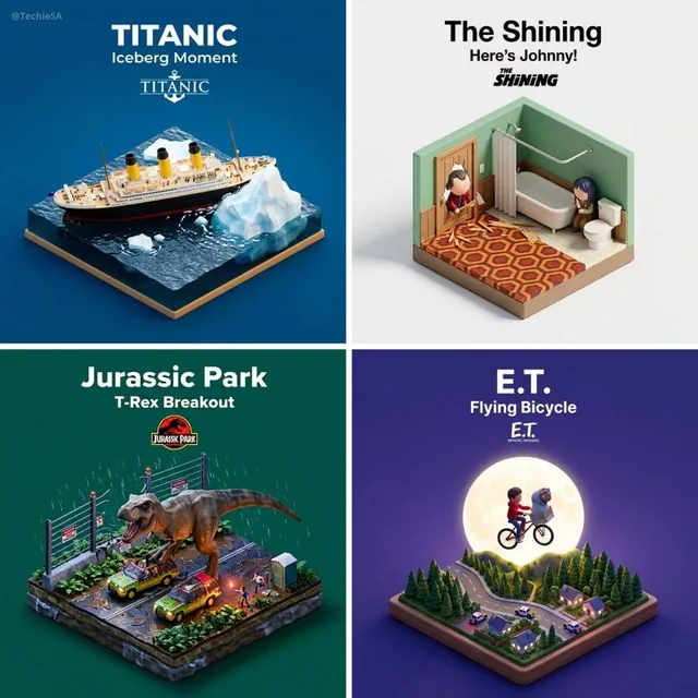 Present a clear, 45° top-down isometric miniature 3D cartoon scene of the iconic scene [SCENE NAME] from [MOVIE/SHOW], w