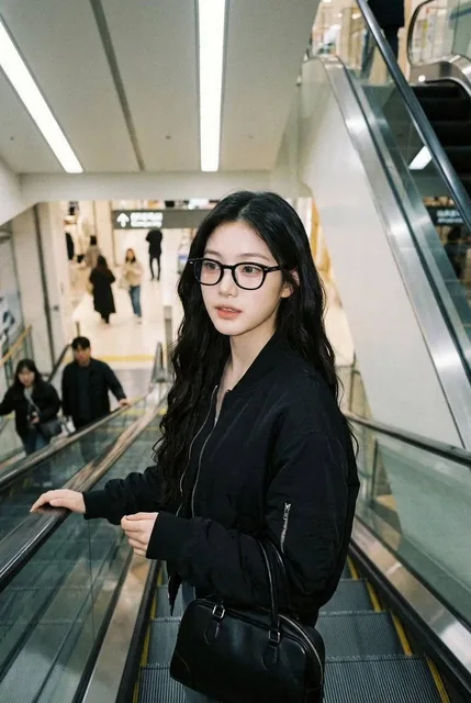 Photorealistic iPhone candid of a woman on an escalator, using the exact face and identity from the reference image. She