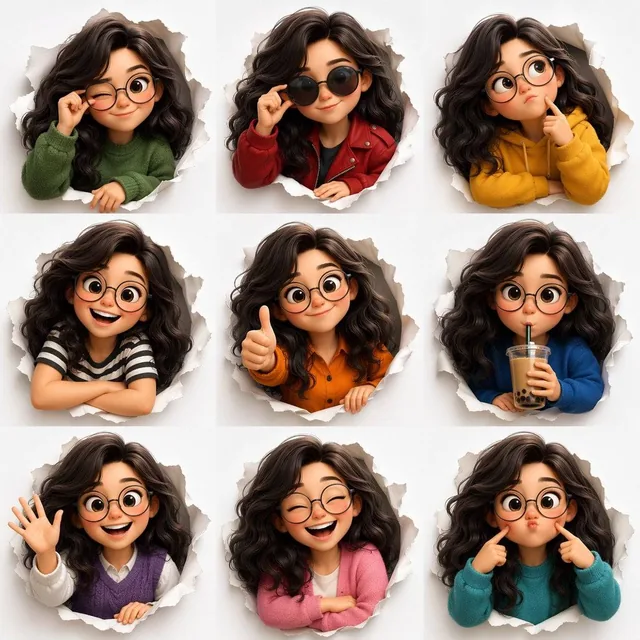 3D Pixar-style expression sheet, cute stylized avatar with wavy dark hair and round glasses, 3x3 grid layout, peeking th