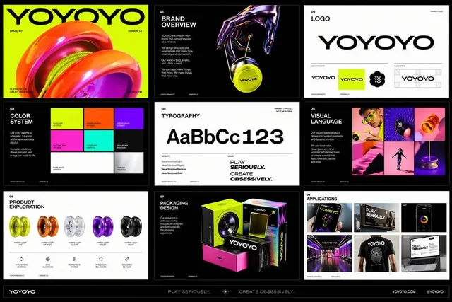 Create a polished multi-page (multiple images) brand kit for a company called [YOYOYO]. The brand should feel playful, f