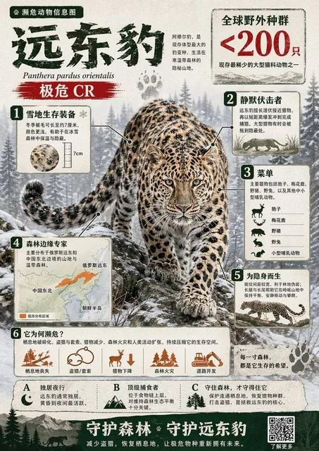 Create a visually rich infographic in Chinese about an endangered animal. Start by finding one online, research its habi