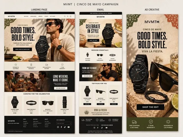 Create a premium presentation-style campaign board for MVMT’s Cinco de Mayo campaign on a soft warm neutral background.