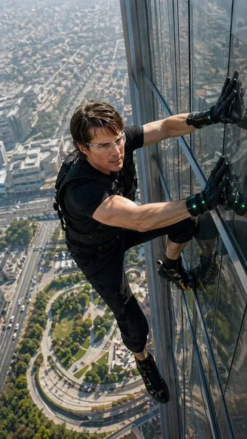 ultra-realistic IMAX-grade cinematic action shot, extreme high-angle perspective looking down from a massive height, 9:1