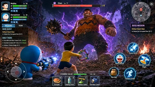 A high-resolution, photorealistic 3D action RPG mobile game screenshot of an epic battle featuring Doraemon characters.