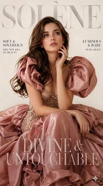 A breathtaking luxury fashion magazine cover. Large bold silver serif brand name "SOLÈNE" elegantly placed at the very t