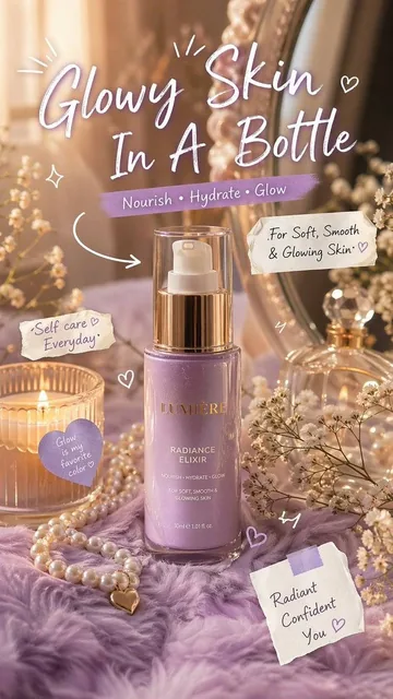 Luxury aesthetic skincare advertisement,soft pastel background, warm golden sunlight, dreamy soft focus, feminine vanity