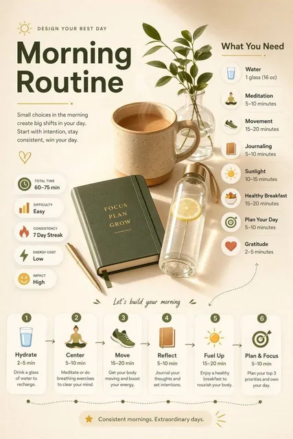 Ultra-clean modern editorial infographic on the topic of [ROUTINE] routine. Hero visual: a stylized flat-lay or floating