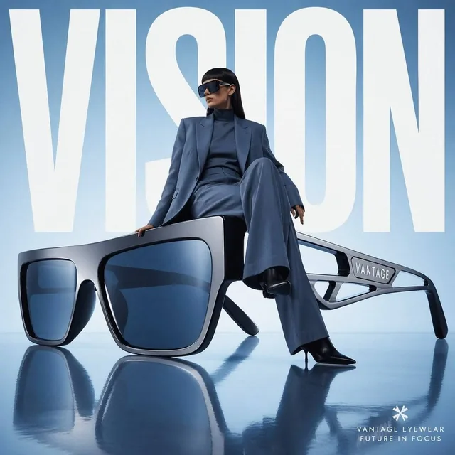 Avant-garde fashion advertisement, oversized futuristic sunglasses positioned like sculpture, model casually seated on t