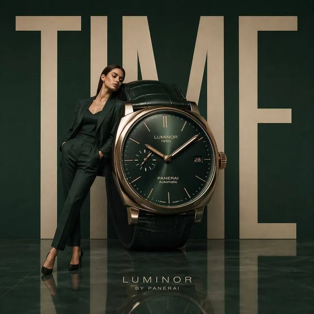 Minimalist luxury watch campaign, oversized wristwatch positioned like modern sculpture, model leaning against the dial,