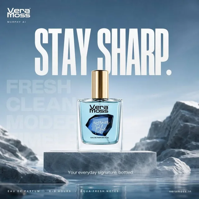 Hyper-realistic cinematic perfume billboard poster for Vera Moss Tavernier Blue Eau De Parfum, built around freshness, c