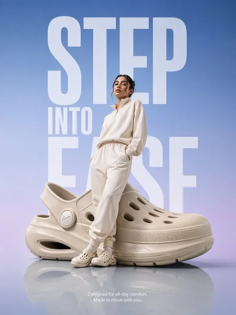A hyper-realistic premium product advertisement featuring an oversized futuristic comfort clog placed on a smooth glossy