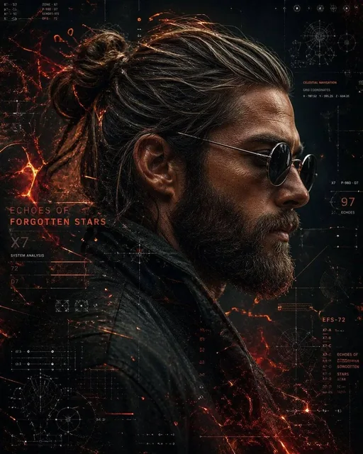 A cinematic side-profile portrait of a rugged man with a tied-back bun and full beard, wearing round dark sunglasses and