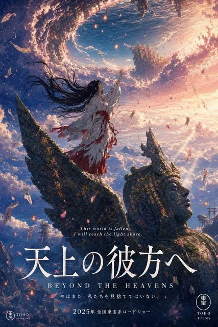 A stunning anime theatrical movie poster in portrait format. Studio Ghibli meets Makoto Shinkai visual language. A teena
