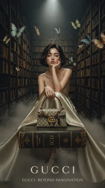 A cinematic luxury fashion editorial set inside a grand vintage library with tall wooden bookshelves, soft fog covering