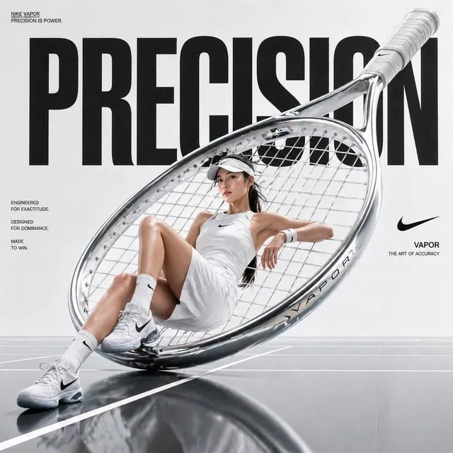 Avant-garde sports fashion advertisement, oversized tennis racket positioned like monumental sculpture, female athlete s