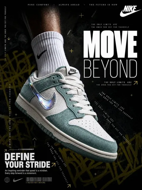 A hyperrealistic Nike sneaker advertisement shot in a dark, moody editorial style. A male leg wearing crisp white athlet
