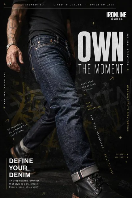 A hyperrealistic premium denim advertisement shot in a dark, moody editorial style. A male figure wearing raw selvedge d