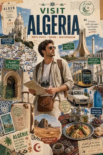 Create a stylized travel poster / graphic collage for [ALGERIA]. The main subject should be a stylish international tour
