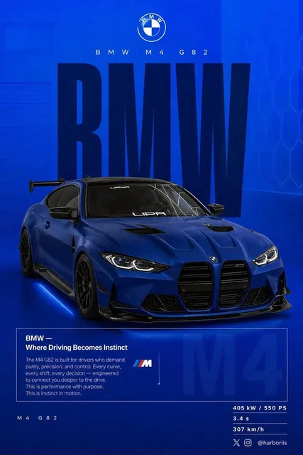 Create a 4:5 vertical social poster in ultra high resolution, 8K print quality sharpness. Use the BMW car from the refer