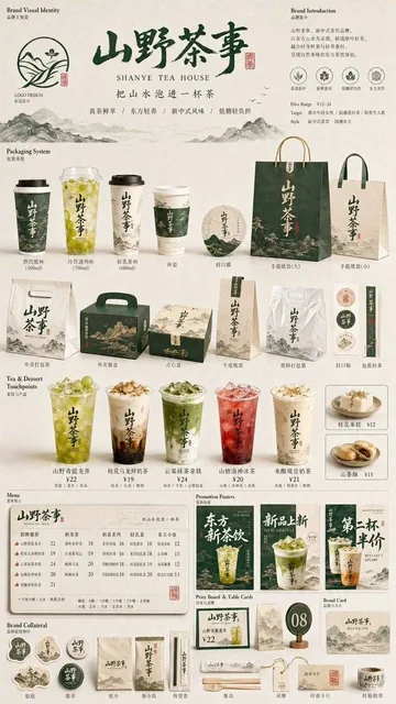 A complete restaurant brand visual system and packaging application proposal, showcasing a matrix of brand touchpoints and materials.