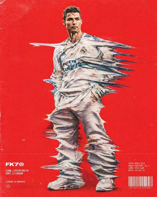 Hip-hop fashion model standing full-frame, clothing distorted into stretched streaks like motion drag, bold red backgrou