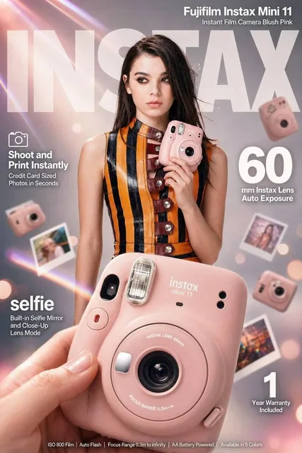 High-impact e-commerce infographic advertisement for "Fujifilm Instax Mini 11" blush pink instant camera. FOREGROUND: Ex