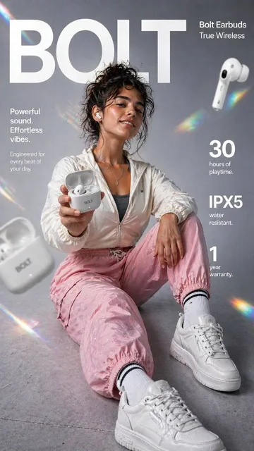 Create a high-impact 9:16 vertical e-commerce infographic for Bolt True Wireless Earbuds with a premium lifestyle advert