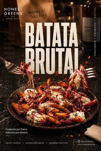 Close-up, 45-degree angle shot of crispy sweet potato fries in artisanal black dish, topped with creamy white and red sauces, fresh herbs, with forks reaching in, conveying a gourm
