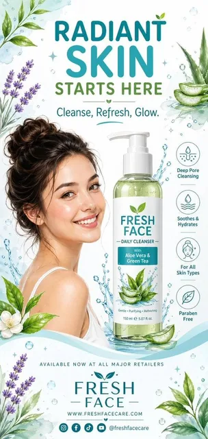 A clean, refreshing vertical advertising poster design for a face wash product, using a graphic illustration style with