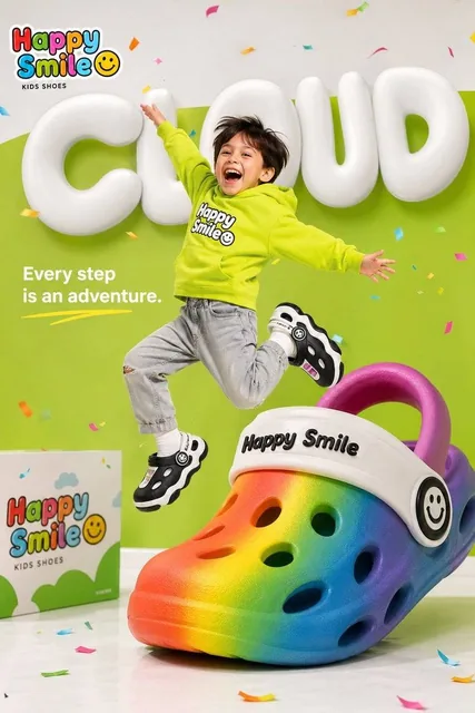 Bright colorful children's shoe brand advertisement for "Happy Smile☺️", happy young child jumping in the air wearing ov