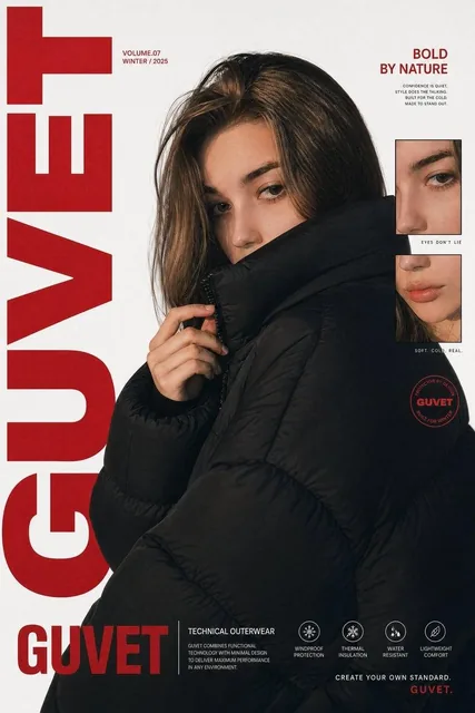 A bold fashion editorial poster featuring a young woman model in a close-up half-body portrait, wrapped in an oversized