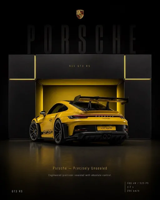 A rear 3/4 view of a Porsche 911 GT3 RS emerging from a matte black display case that is precisely sliding open, revealing a soft yellow interior glow, on a dark studio floor with