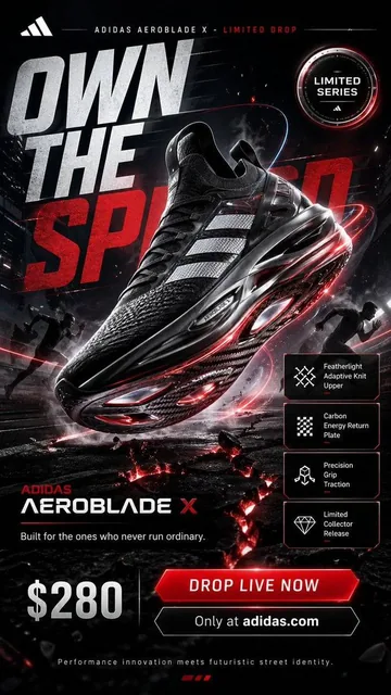 Create a jaw-dropping premium advertising poster in 9:16 vertical format for a fictional ultra-limited Adidas sneaker ca