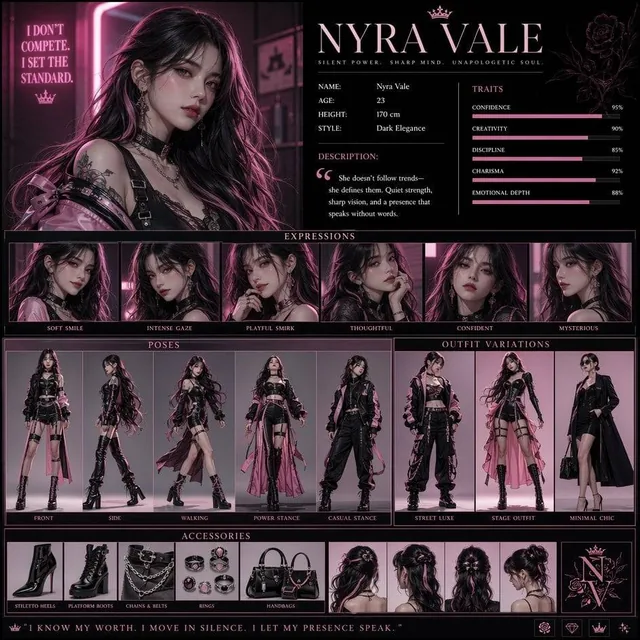 Create a high-resolution vertical character concept poster with a luxury pink and white aesthetic, blending elegance wit