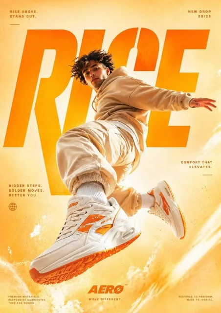 A cinematic, high-end sneaker advertisement poster featuring a young male model mid-air in a dynamic jumping pose, captu