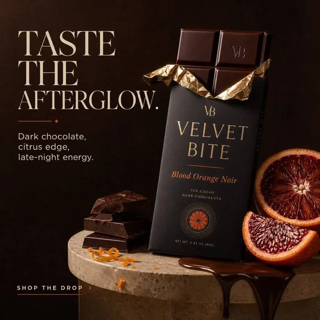 Create a premium ad for a fictional luxury chocolate brand called Velvet Bite.
