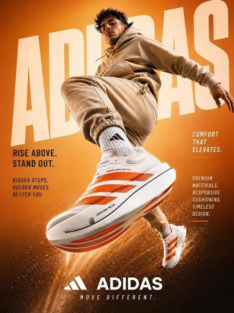 A dynamic sportswear advertisement featuring a young athletic male model captured mid-air in an explosive jump toward th