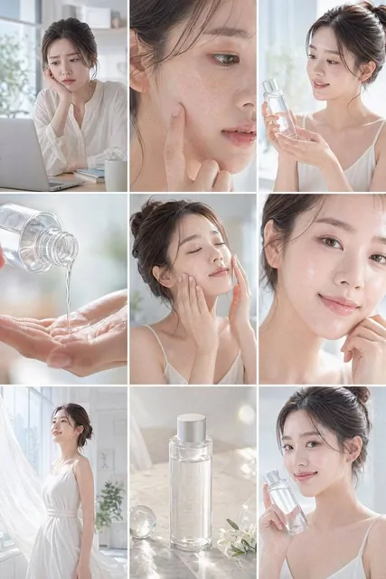 Create a clean, bright skincare commercial storyboard in a 16:9 layout with 9 panels. Use soft natural lighting, minimal