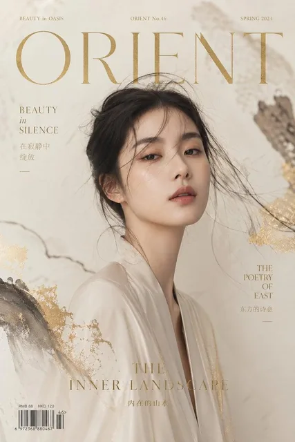 Luxury editorial cover, title "ZEN MODE", featuring a conceptual portrait of a modern Asian model,
