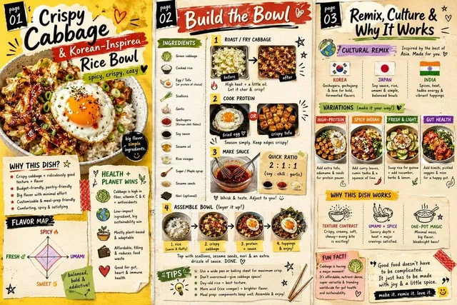 A sleek, modern 3-page editorial food magazine spread shown as three vertical panels side-by-side. Theme: “Crispy Cabbag