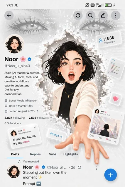 A futuristic social media profile UI in a clean white minimal aesthetic, inspired by modern app interfaces. In the cente