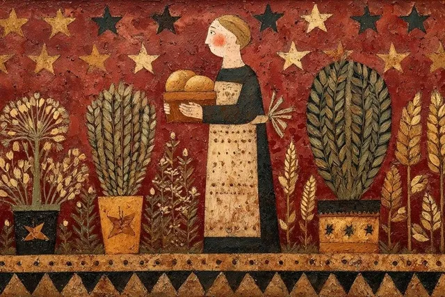 A naive folk art painting of [subject], surrounded by symbolic plants, stars, and decorative borders. Flat perspective,