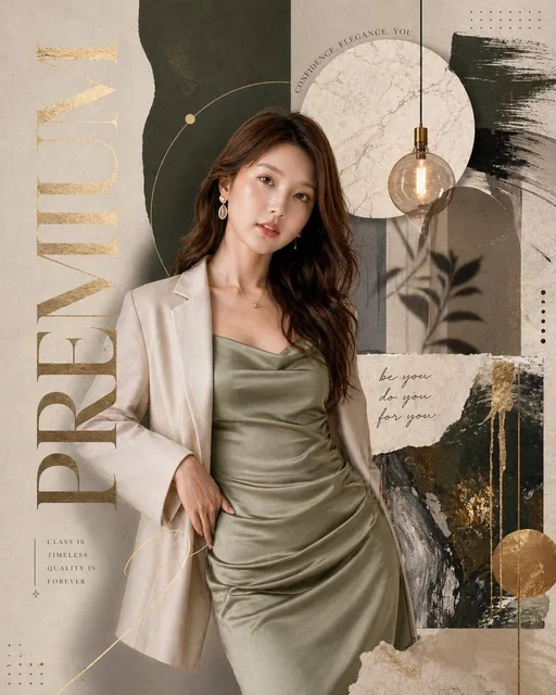 Luxury fashion editorial poster, premium magazine collage style, earthy neutral color palette (beige, olive green, charc