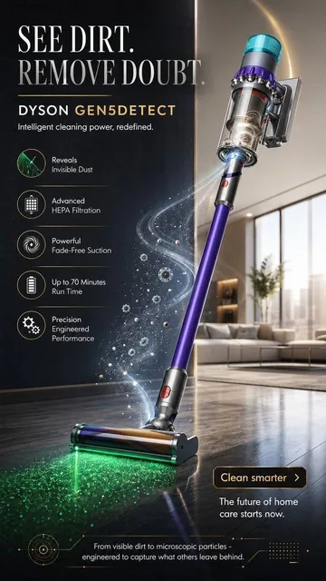 Create a visually brilliant 9:16 premium advertising poster for "DYSON GEN5DETECT". The concept should transform cleanin